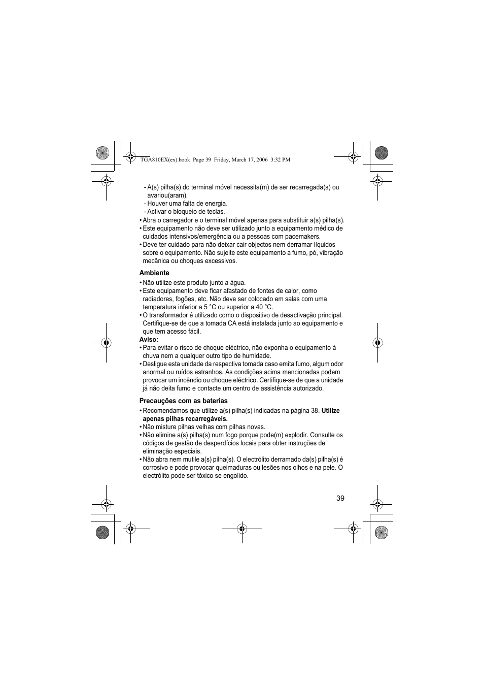 Ambiente, Precauções com as baterias | Panasonic KXTGA810EX User Manual | Page 39 / 76