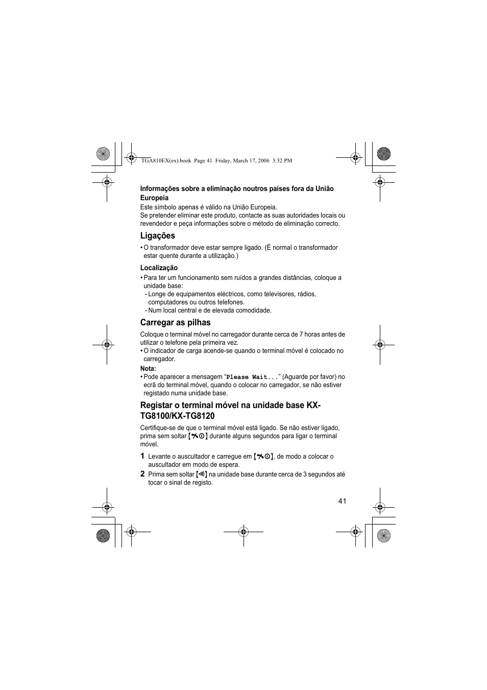 Ligações, Localização, Carregar as pilhas | Nota | Panasonic KXTGA810EX User Manual | Page 41 / 76