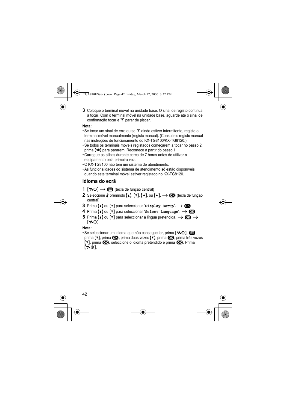 Nota, Idioma do ecrã, 1 {ih} i " (tecla de função central) | Panasonic KXTGA810EX User Manual | Page 42 / 76