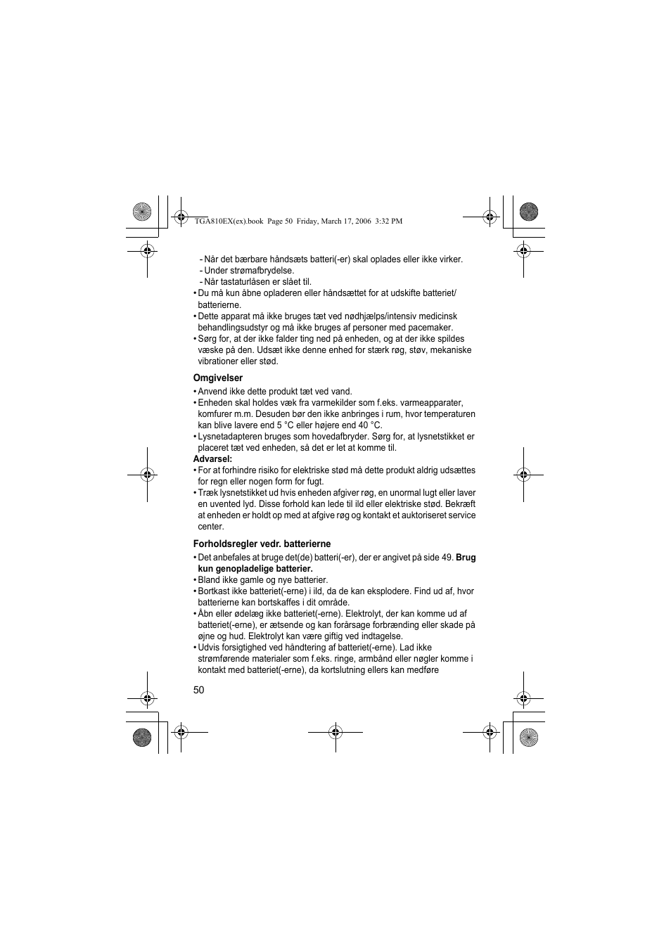 Omgivelser, Forholdsregler vedr. batterierne | Panasonic KXTGA810EX User Manual | Page 50 / 76