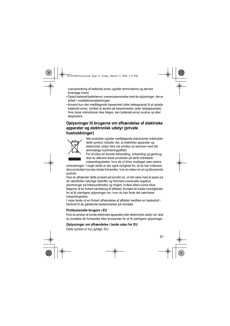 Professionelle brugere i eu, Oplysninger om afhændelse i lande uden for eu | Panasonic KXTGA810EX User Manual | Page 51 / 76
