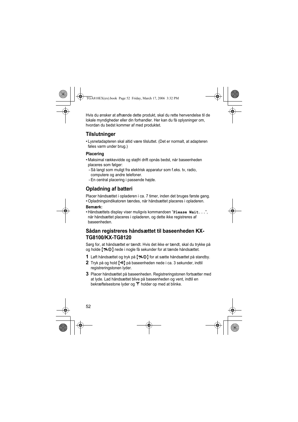 Tilslutninger, Placering, Opladning af batteri | Bemærk | Panasonic KXTGA810EX User Manual | Page 52 / 76