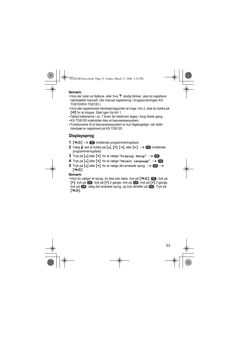 Bemærk, Displaysprog, 1 {ih} i " (midterste programmeringstast) | Panasonic KXTGA810EX User Manual | Page 53 / 76
