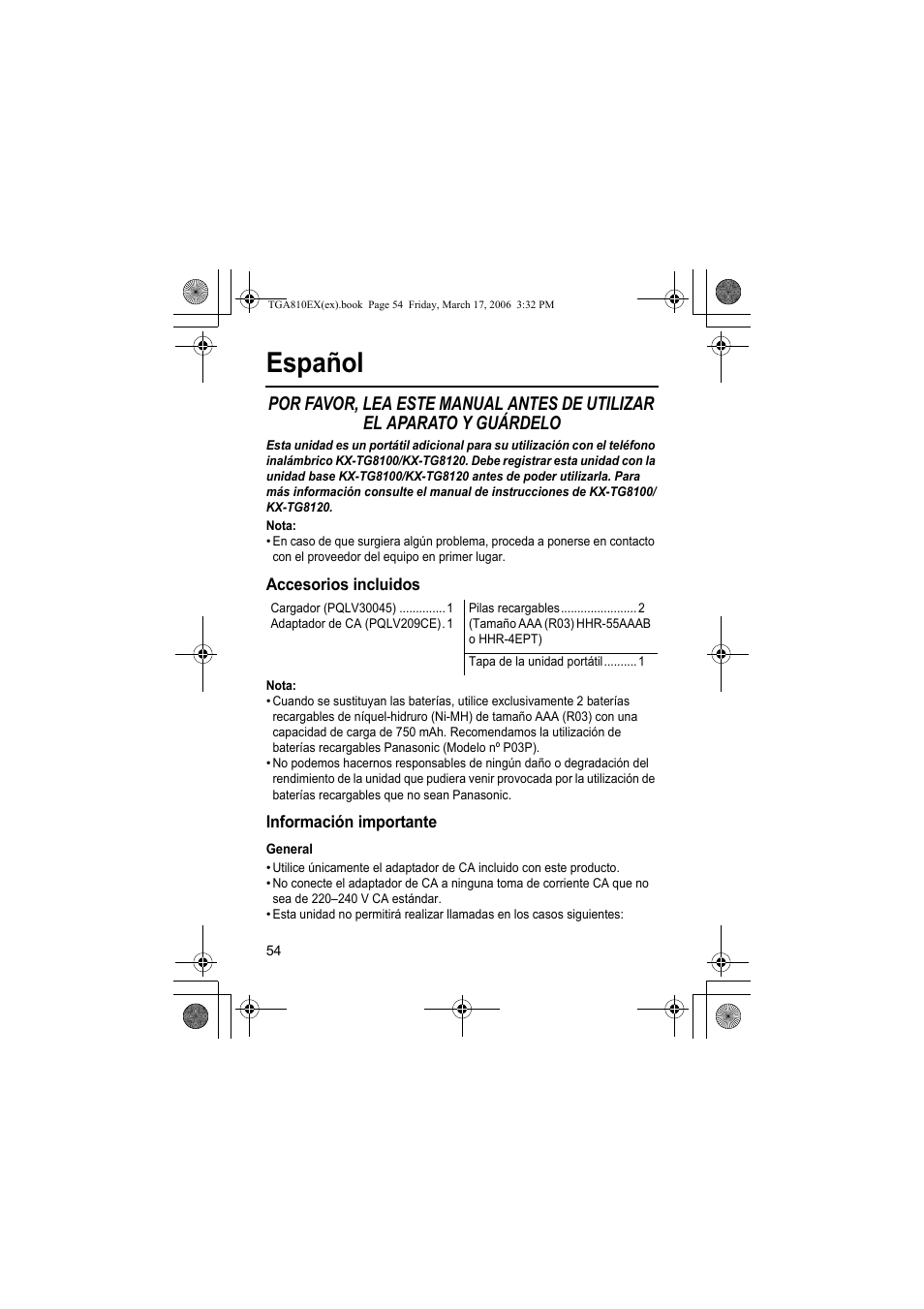 Español, Nota, Accesorios incluidos | Información importante, General | Panasonic KXTGA810EX User Manual | Page 54 / 76