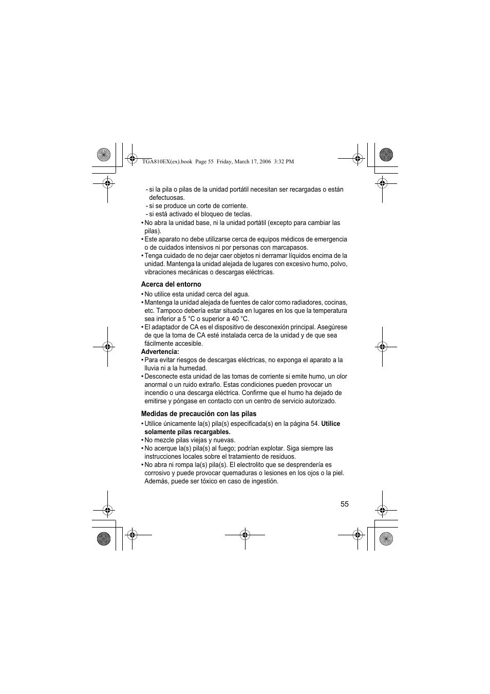 Acerca del entorno, Medidas de precaución con las pilas | Panasonic KXTGA810EX User Manual | Page 55 / 76