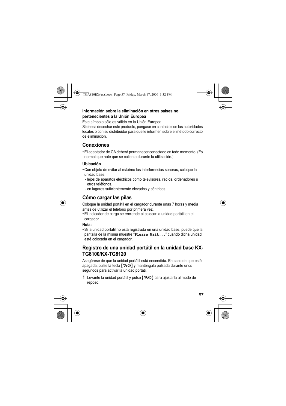 Conexiones, Ubicación, Cómo cargar las pilas | Nota | Panasonic KXTGA810EX User Manual | Page 57 / 76