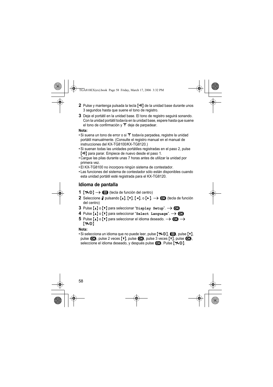 Nota, Idioma de pantalla, 1 {ih} i " (tecla de función del centro) | Panasonic KXTGA810EX User Manual | Page 58 / 76