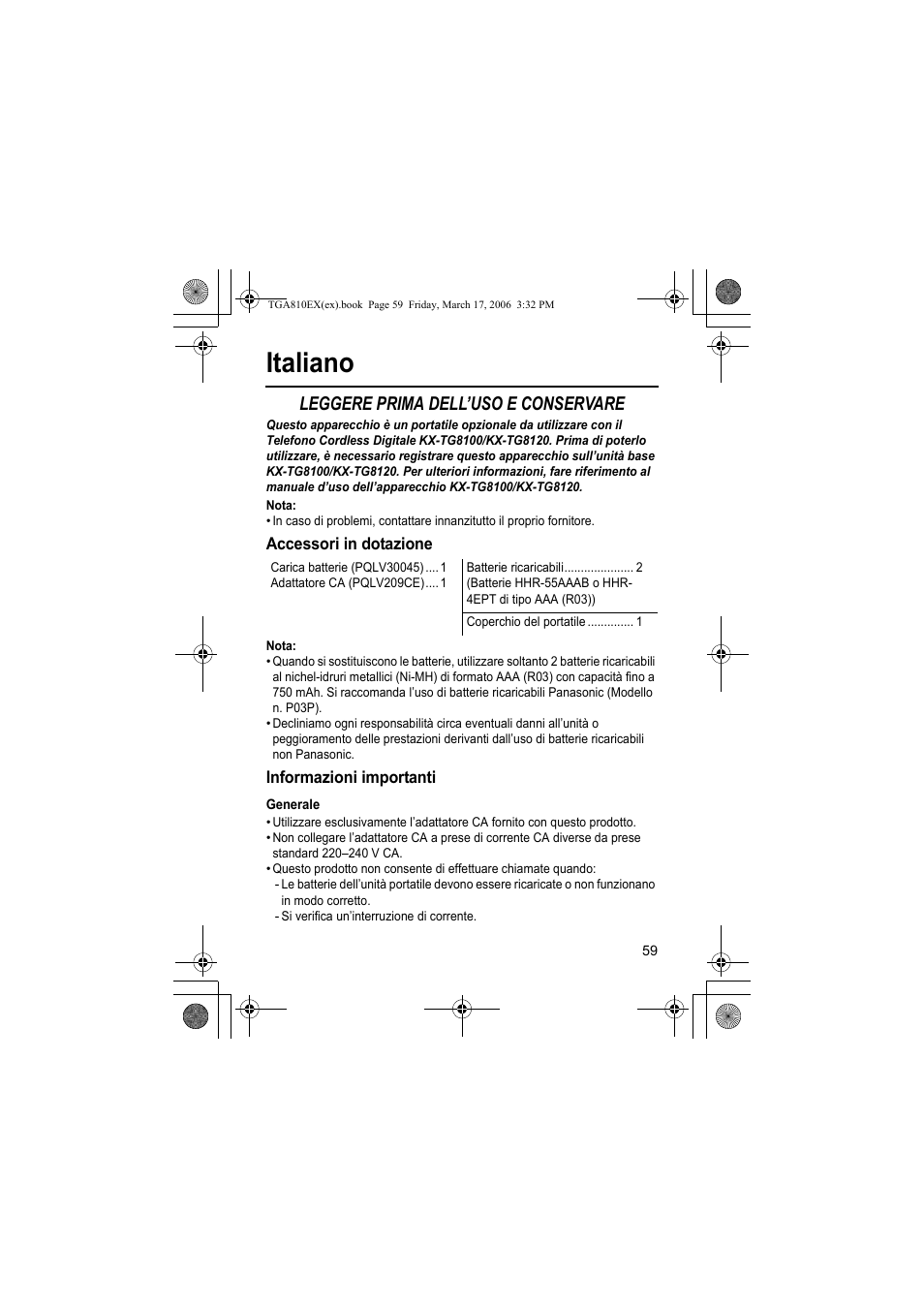 Italiano, Leggere prima dell’uso e conservare, Nota | Accessori in dotazione, Informazioni importanti, Generale | Panasonic KXTGA810EX User Manual | Page 59 / 76