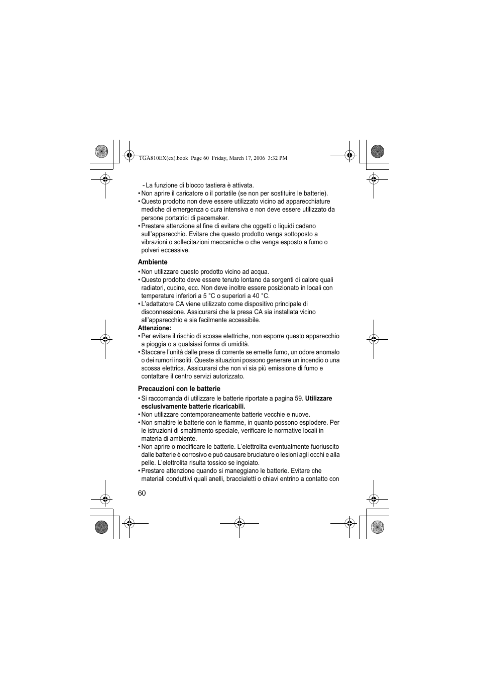 Ambiente, Precauzioni con le batterie | Panasonic KXTGA810EX User Manual | Page 60 / 76