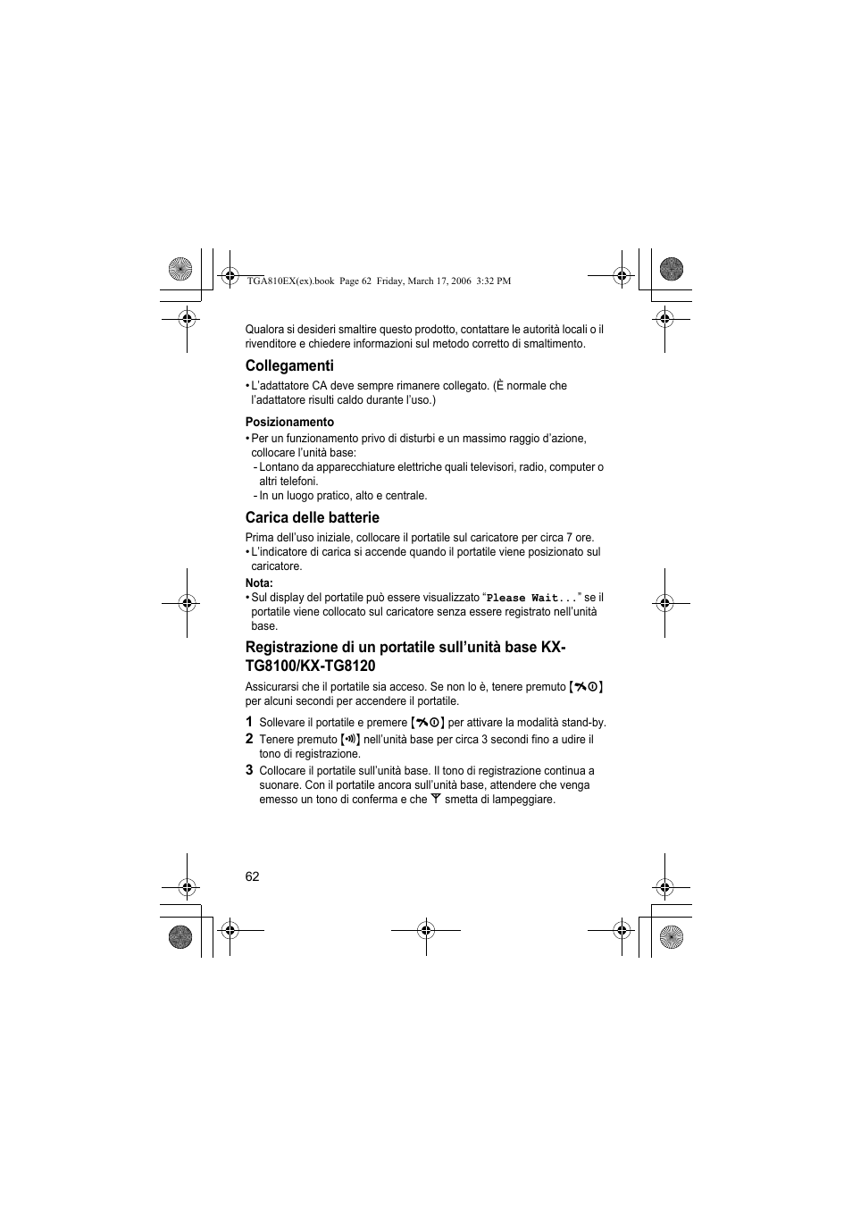 Collegamenti, Posizionamento, Carica delle batterie | Nota | Panasonic KXTGA810EX User Manual | Page 62 / 76
