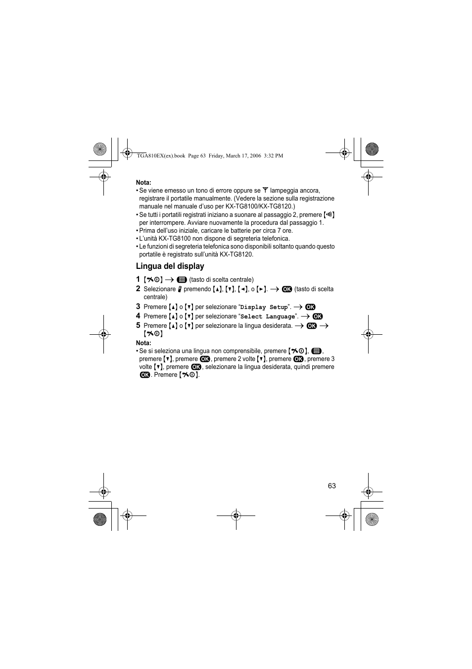 Nota, Lingua del display, 1 {ih} i " (tasto di scelta centrale) | Panasonic KXTGA810EX User Manual | Page 63 / 76