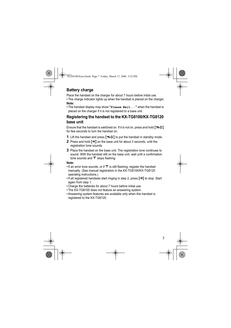 Battery charge, Note | Panasonic KXTGA810EX User Manual | Page 7 / 76