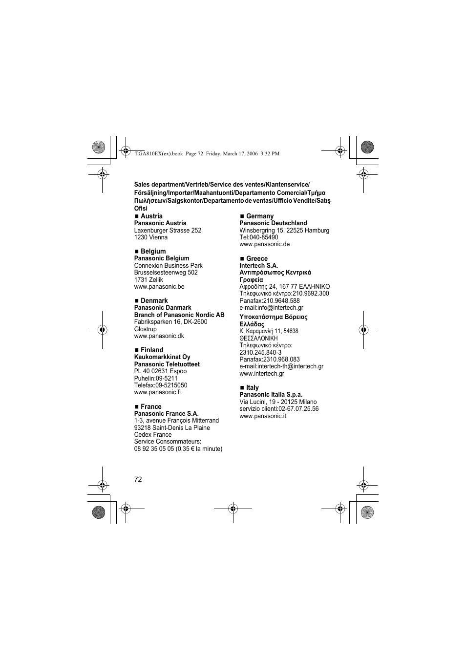 N austria, Panasonic austria, N belgium | Panasonic belgium, N denmark, Panasonic danmark, Branch of panasonic nordic ab, N finland, Kaukomarkkinat oy, Panasonic teletuotteet | Panasonic KXTGA810EX User Manual | Page 72 / 76