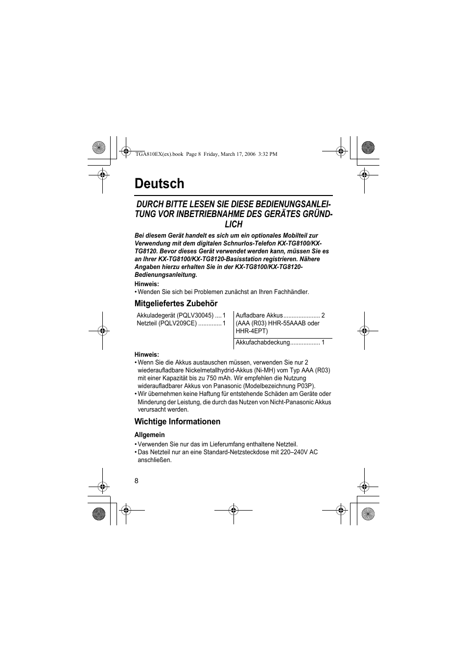 Deutsch, Hinweis, Mitgeliefertes zubehör | Wichtige informationen, Allgemein | Panasonic KXTGA810EX User Manual | Page 8 / 76