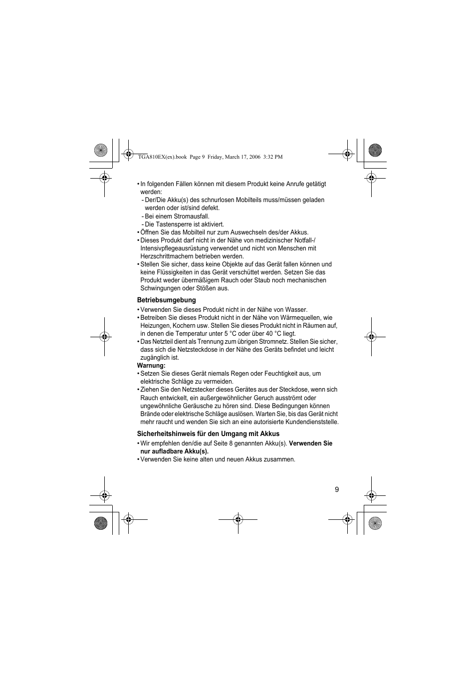Betriebsumgebung, Sicherheitshinweis für den umgang mit akkus | Panasonic KXTGA810EX User Manual | Page 9 / 76
