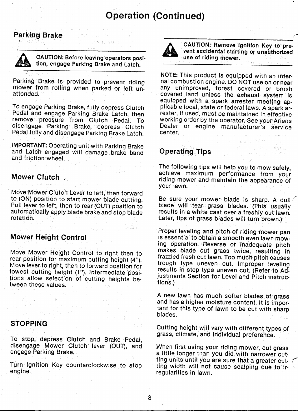 Parking brake, Mower clutch, Mower height control | Stopping, Operating tips, Operation (continued) | Ariens 927 Series User Manual | Page 10 / 23