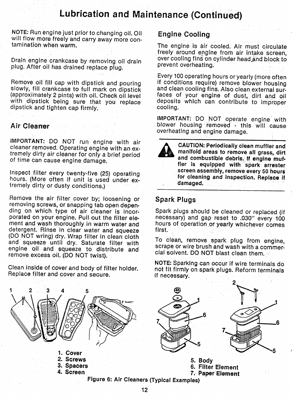 Air cleaner, Engine cooling, Spark plugs | Lubrication and maintenance (continued) | Ariens 927 Series User Manual | Page 14 / 23