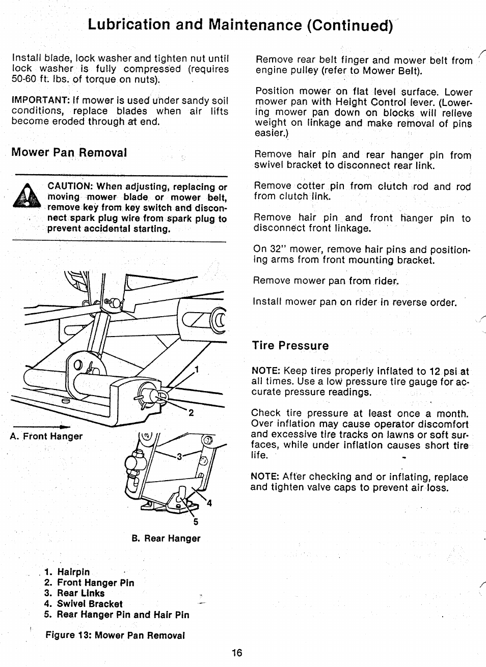 Mower pan removal, Tire pressure, Lubrication and maintenance (continued) | Ariens 927 Series User Manual | Page 18 / 23