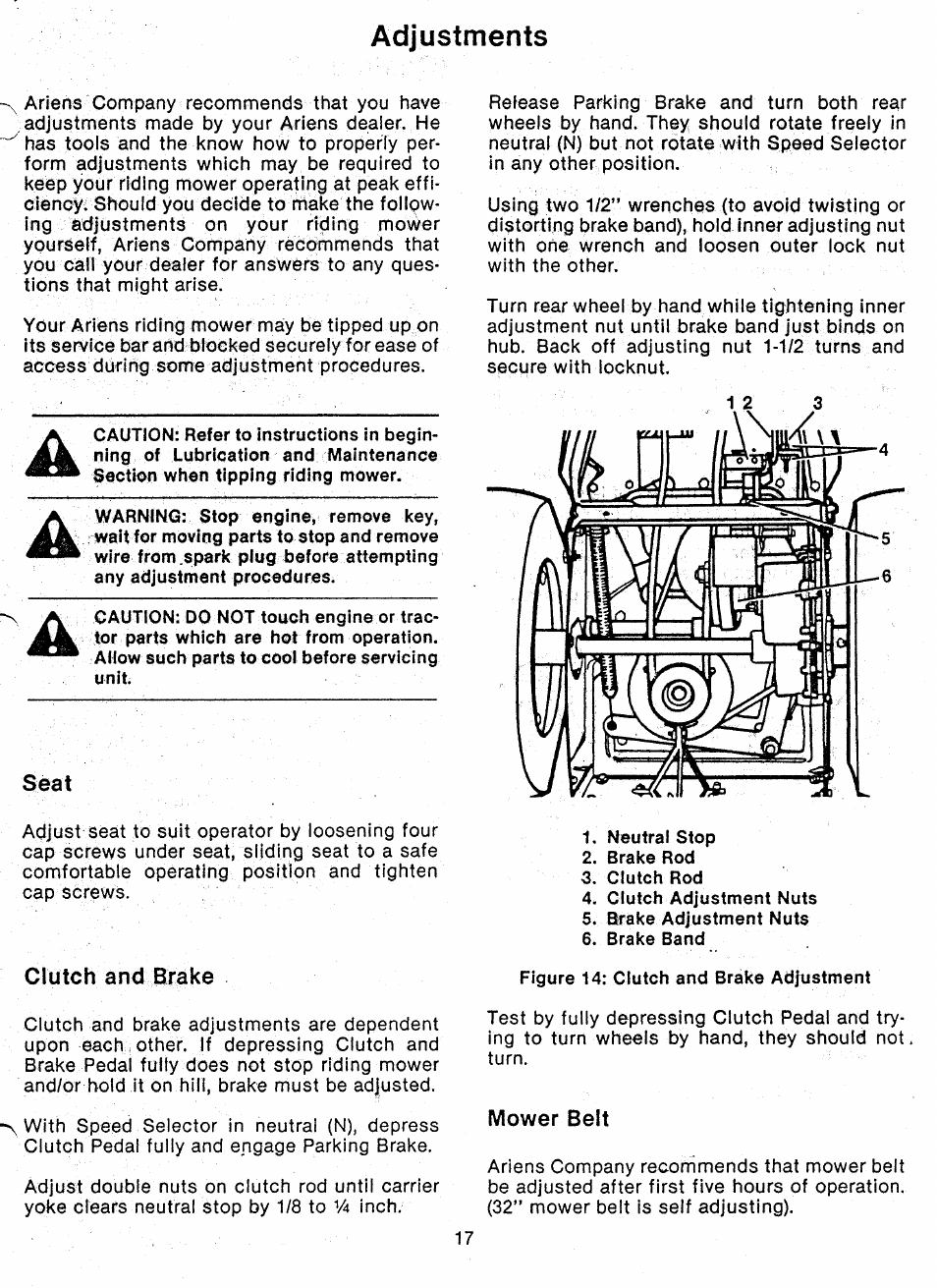 Seat, Clutch and brake, Mower belt | Adjustments | Ariens 927 Series User Manual | Page 19 / 23