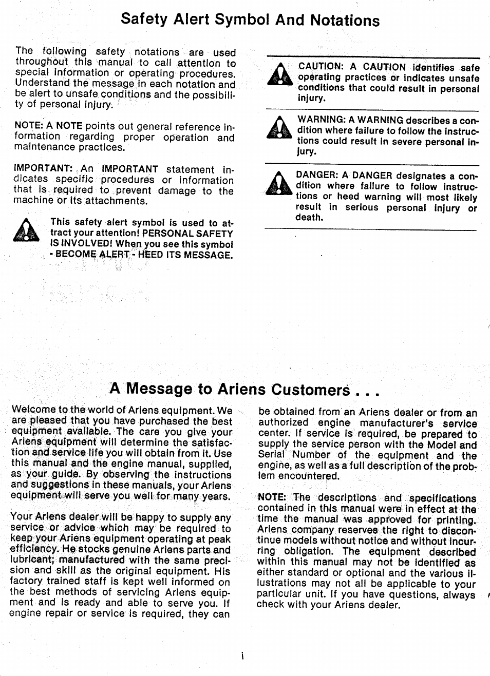 Safety alert symbol and notations, A message to ariens customers | Ariens 927 Series User Manual | Page 2 / 23