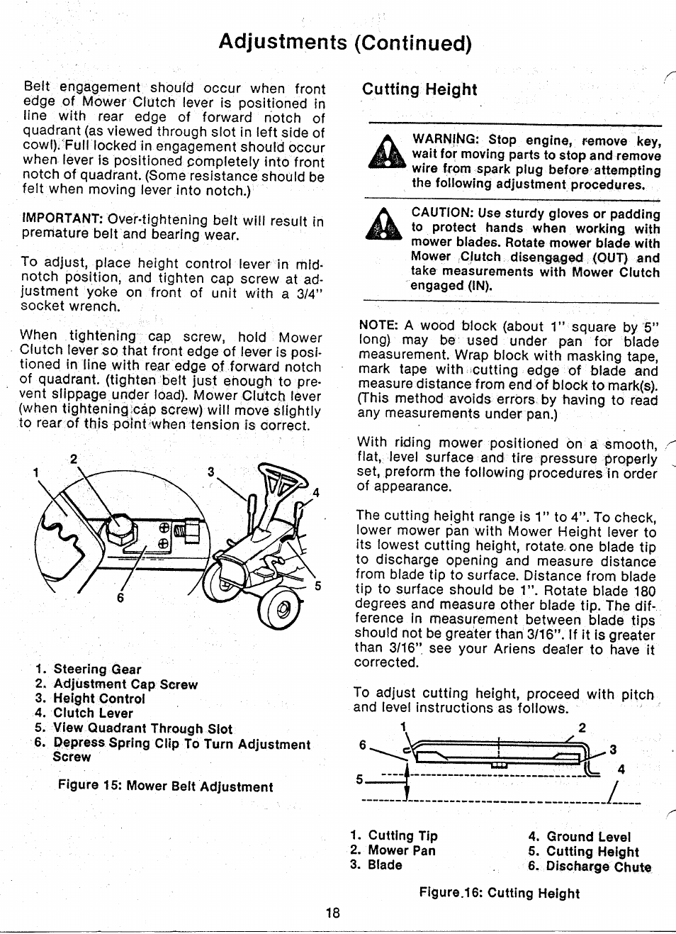 Cutting height, Adjustments (continued) | Ariens 927 Series User Manual | Page 20 / 23