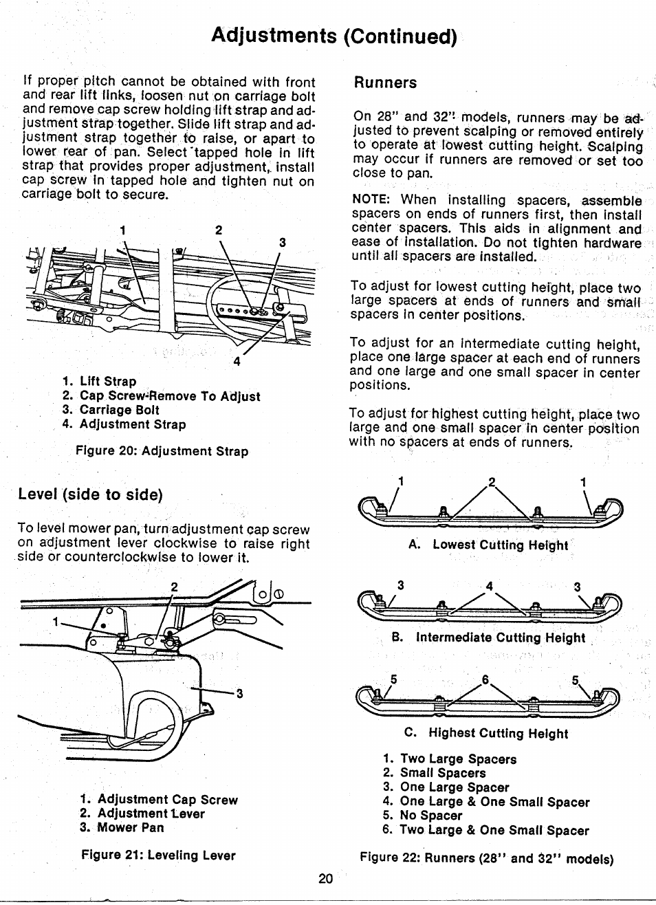 Runners, Level (side to side), Adjustments (continued) | Ariens 927 Series User Manual | Page 22 / 23