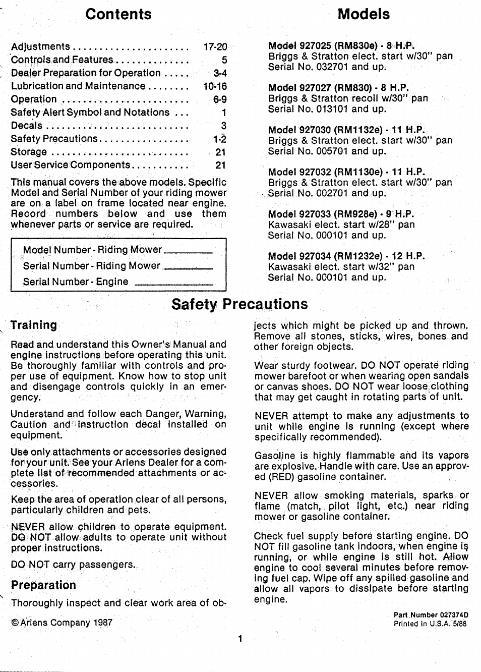 Ariens 927 Series User Manual | Page 3 / 23