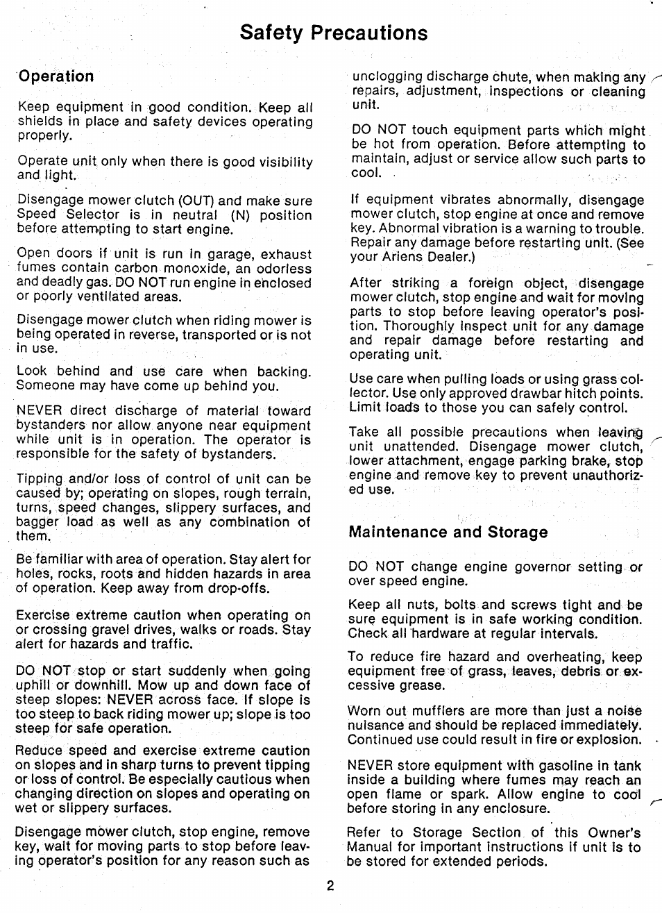 Safety precautions, Operation, Maintenance and storage | Ariens 927 Series User Manual | Page 4 / 23