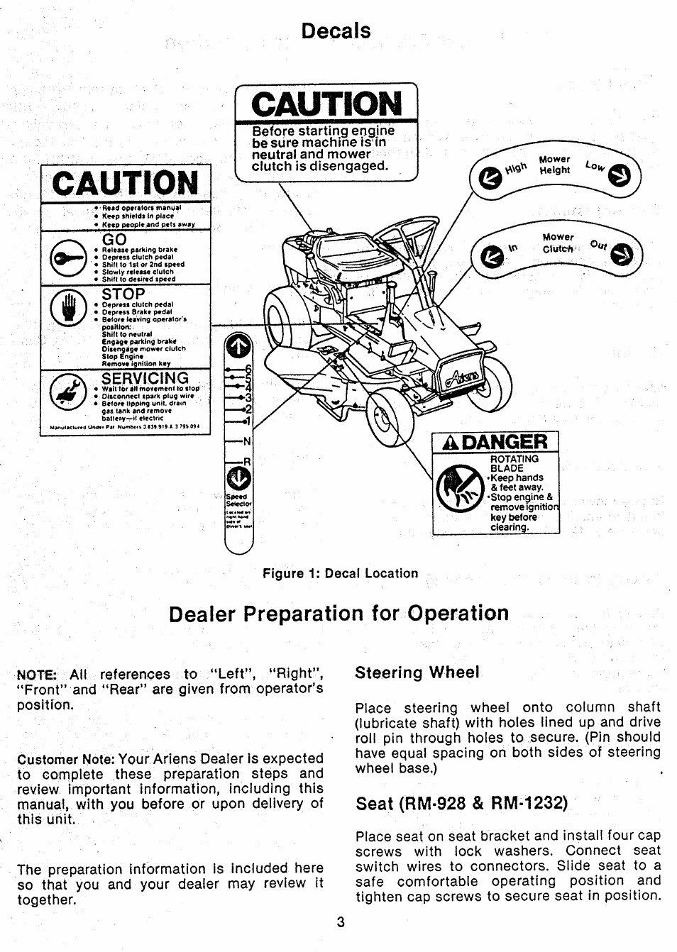 Decals, Dealer preparation for operation, Steering wheel | Seat (rm-928 & rm-1232), Caution, Stop, Servicing | Ariens 927 Series User Manual | Page 5 / 23