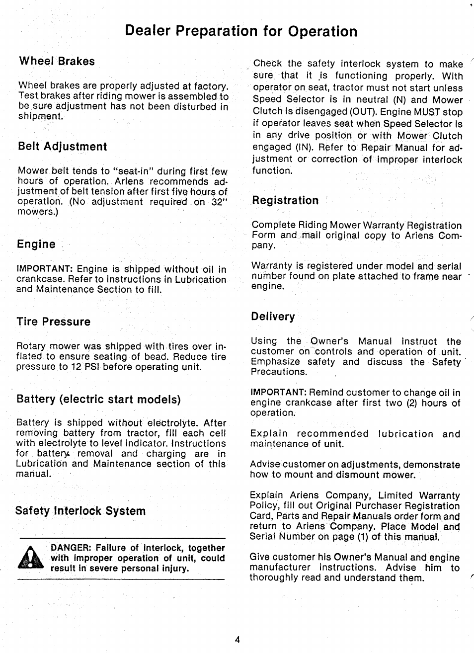 Wheel brakes, Belt adjustment, Engine | Registration, Tire pressure, Delivery, Battery (electric start models), Safety interlock system, Adjustments -20, Dealer preparation for operation | Ariens 927 Series User Manual | Page 6 / 23