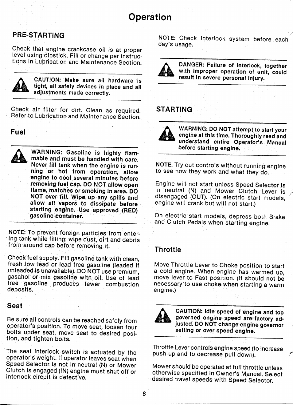 Pre-starting, Throttle, Seat | Operation | Ariens 927 Series User Manual | Page 8 / 23