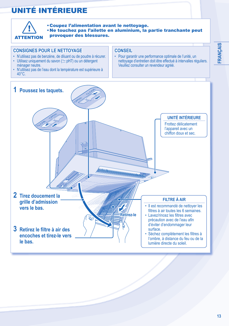 Unité intérieure, Tirez doucement la, Retirez le fi ltre à air des | Poussez les taquets | Panasonic CU3E18LBE User Manual | Page 13 / 44