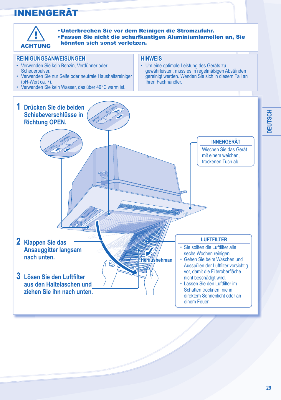 Innengerät, Klappen sie das, Lösen sie den luftfi lter | Drücken sie die beiden | Panasonic CU3E18LBE User Manual | Page 29 / 44