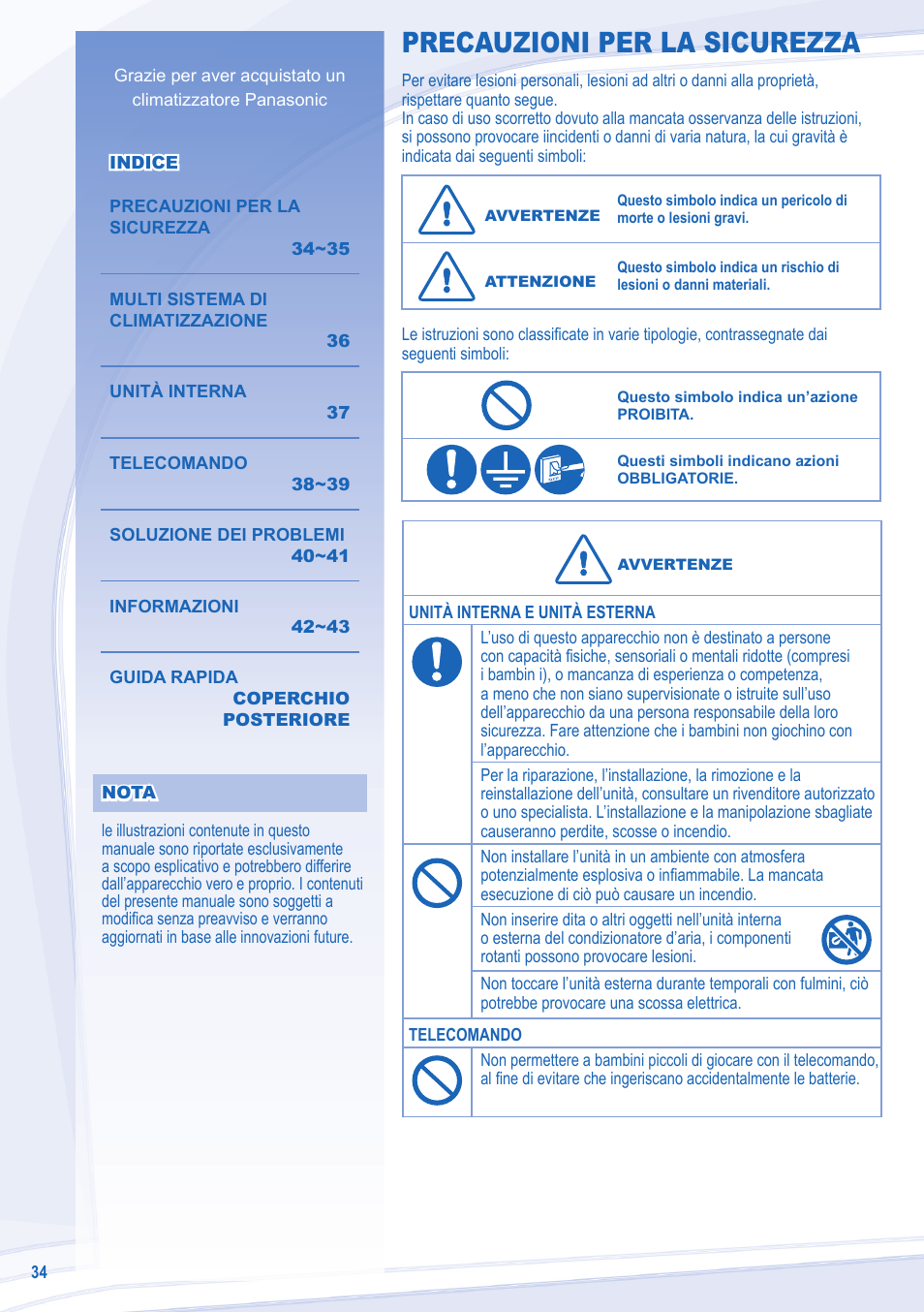 Precauzioni per la sicurezza | Panasonic CU3E18LBE User Manual | Page 34 / 44