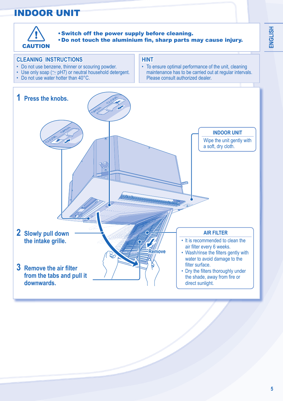 Indoor unit, Slowly pull down, Remove the air fi lter | Press the knobs | Panasonic CU3E18LBE User Manual | Page 5 / 44