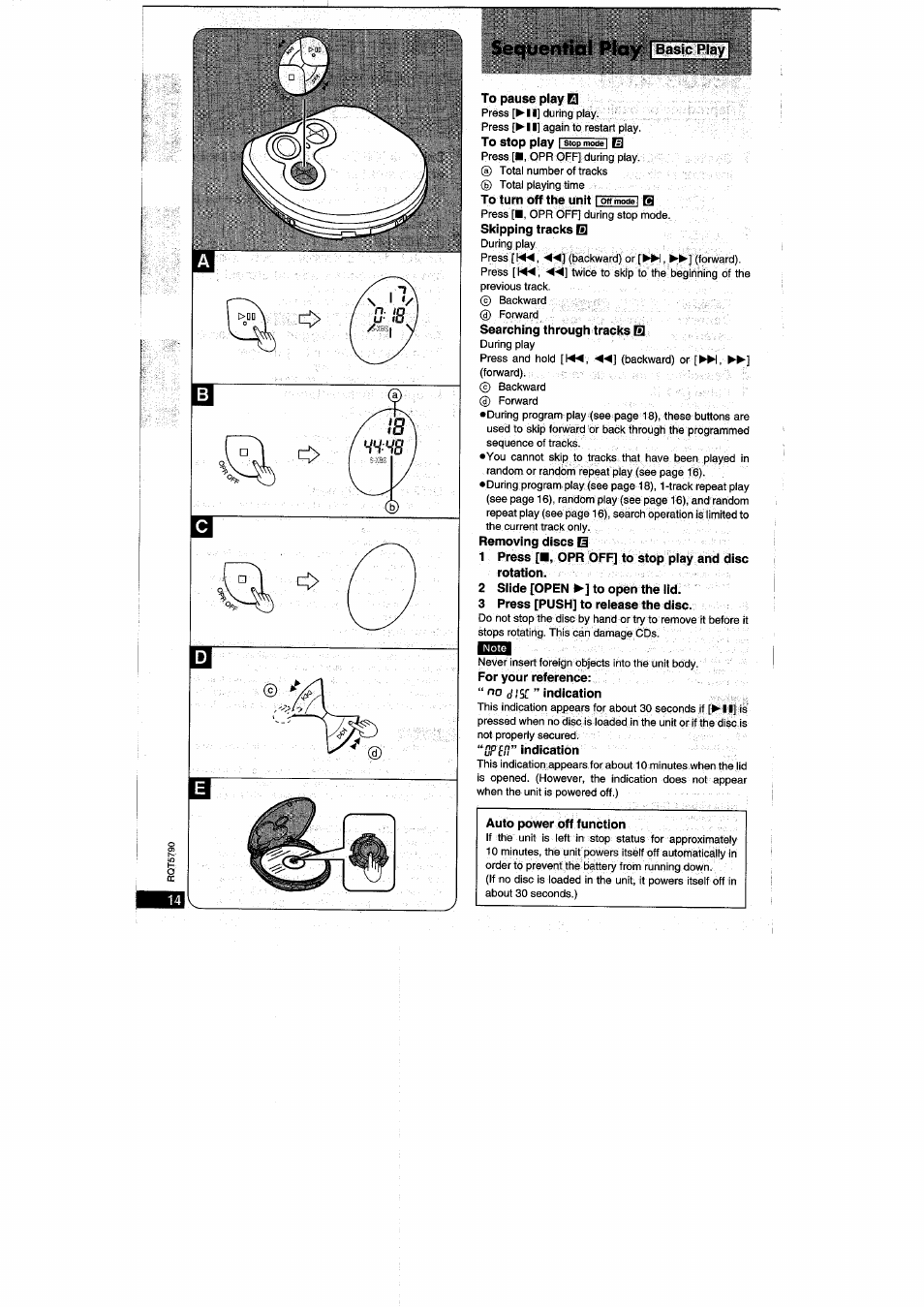 To pause play a, 2 slide [open ►] to open the lid, 3 press [push] to release the disc | Ubiai, Sequential play | Panasonic SLSX280 User Manual | Page 14 / 72