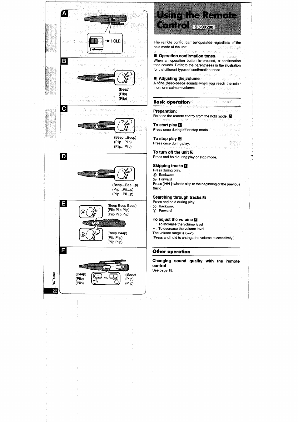 Sl-sx280, Operation confirmation tones, Adjusting the vofume | Preparation, To start piay e, To stop play b, To turn off the unit q, Skipping tracks b, Searching through tracks s, To adjust the volume b | Panasonic SLSX280 User Manual | Page 22 / 72