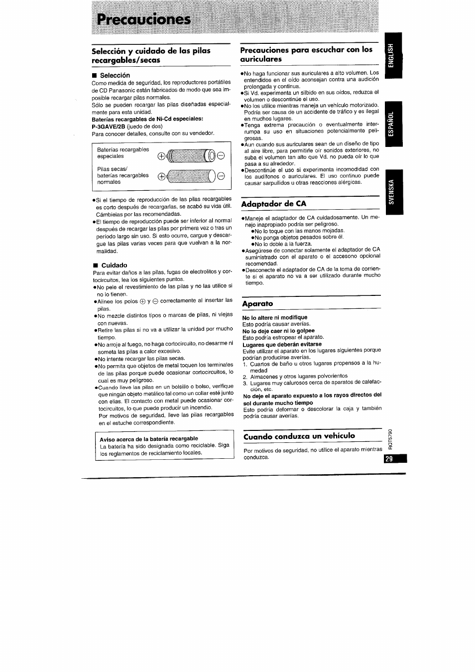 Selección y cuidado de las pilas recargables/secas, Selección, Precauciones para escuchar con los auriculares | Adaptador de ca, Aparato, Cuando conduzca un vehículo, Precauciones | Panasonic SLSX280 User Manual | Page 29 / 72