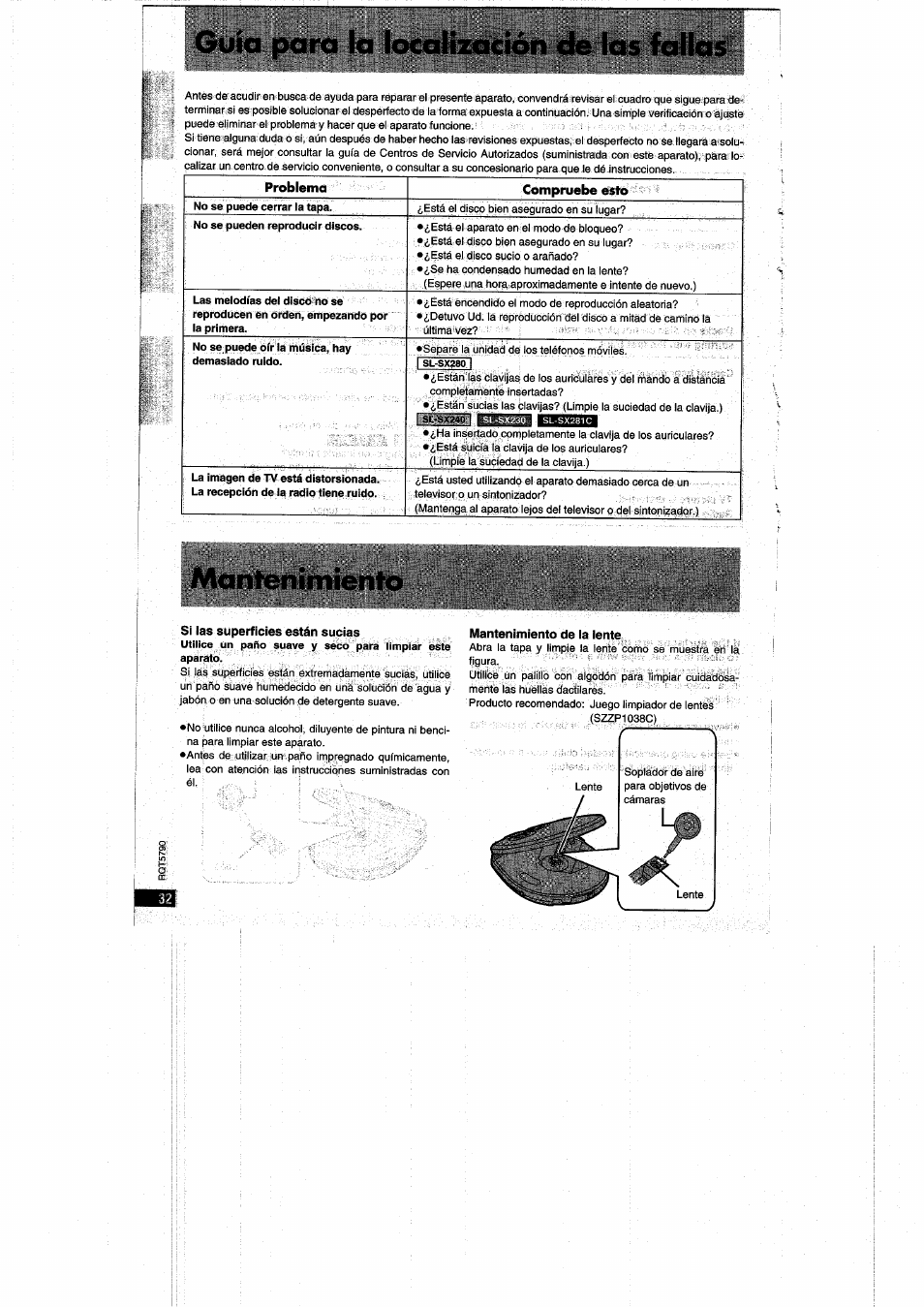 Si las superficies están sucias, Mantenimiento de ia iente, Guía para la localización de las fallas | Mantenimiento | Panasonic SLSX280 User Manual | Page 32 / 72