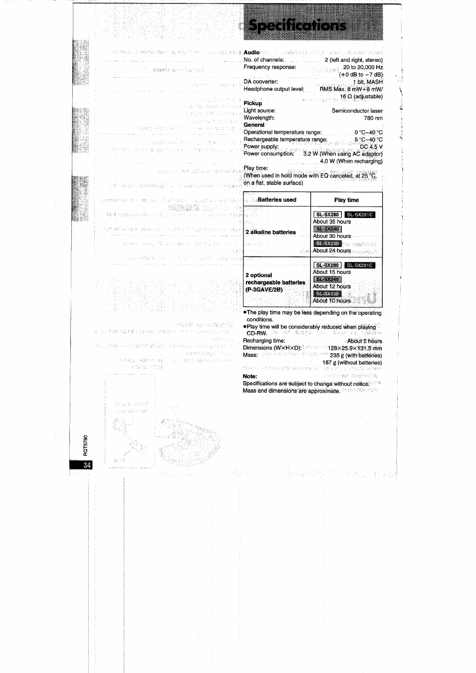 Specifications | Panasonic SLSX280 User Manual | Page 34 / 72