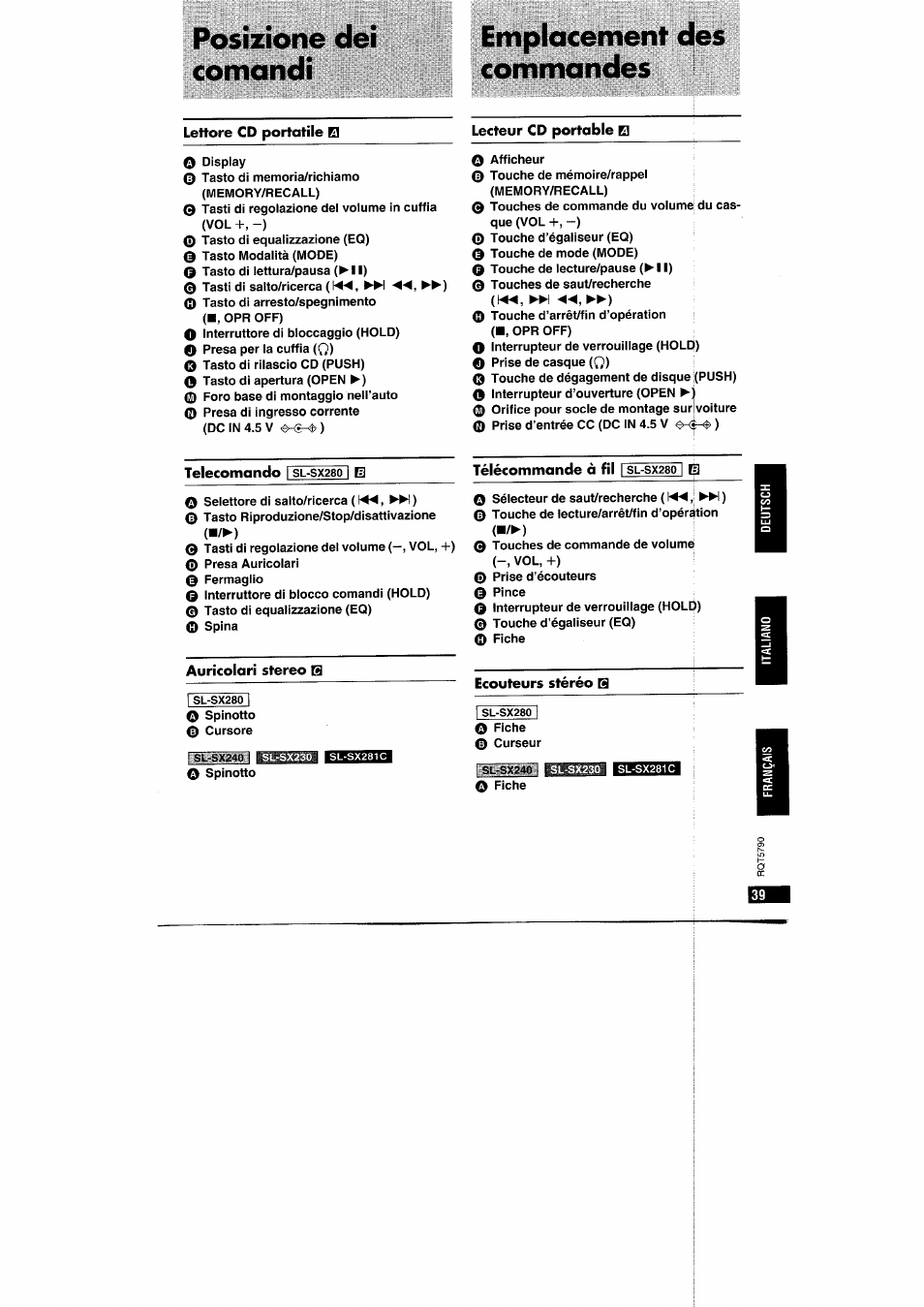 Lettore cd portatile e, Lecteur co portable e, Auricolari stereo q | Ecouteurs stéréo b, Posizione dei comandi emplacement des commandes | Panasonic SLSX280 User Manual | Page 39 / 72