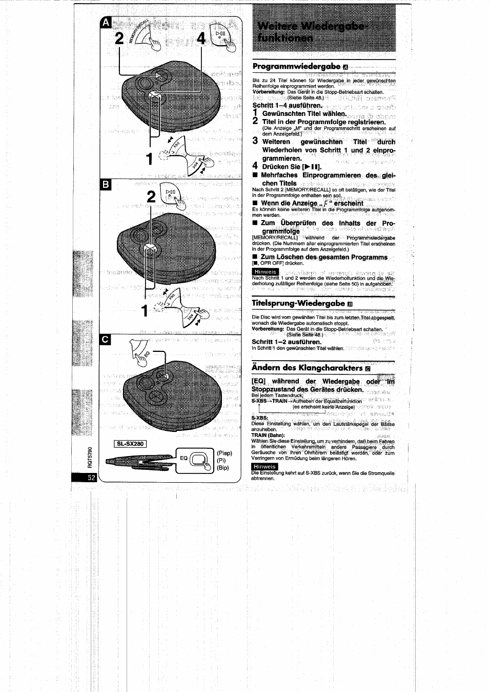 Weitere wiedergabe, P-11, Programmwiedergabe b | Titelsprung-wiedergabe, Ändern des klangcharakters s | Panasonic SLSX280 User Manual | Page 52 / 72