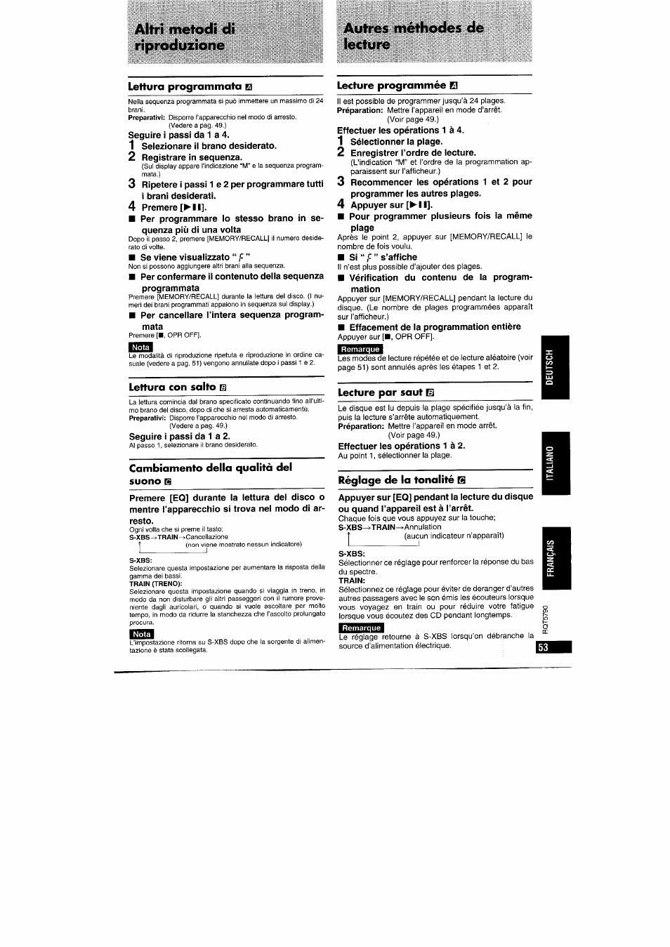 Lettura programmata b, Lecture programmée q, Lettura con salto el | Cambiamento della qualità del suono e, Lecture par saut ui, Réglage de la tonalité e | Panasonic SLSX280 User Manual | Page 53 / 72