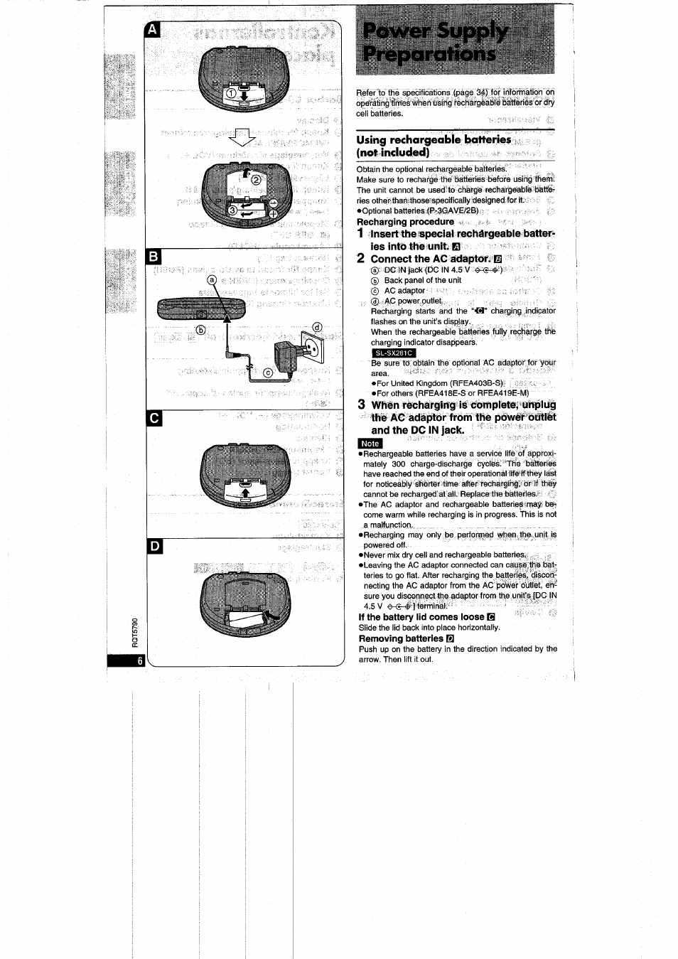 2 connect the ac adaptor: el, Power supply preparations, Connect the ac adaptor: el | Panasonic SLSX280 User Manual | Page 6 / 72