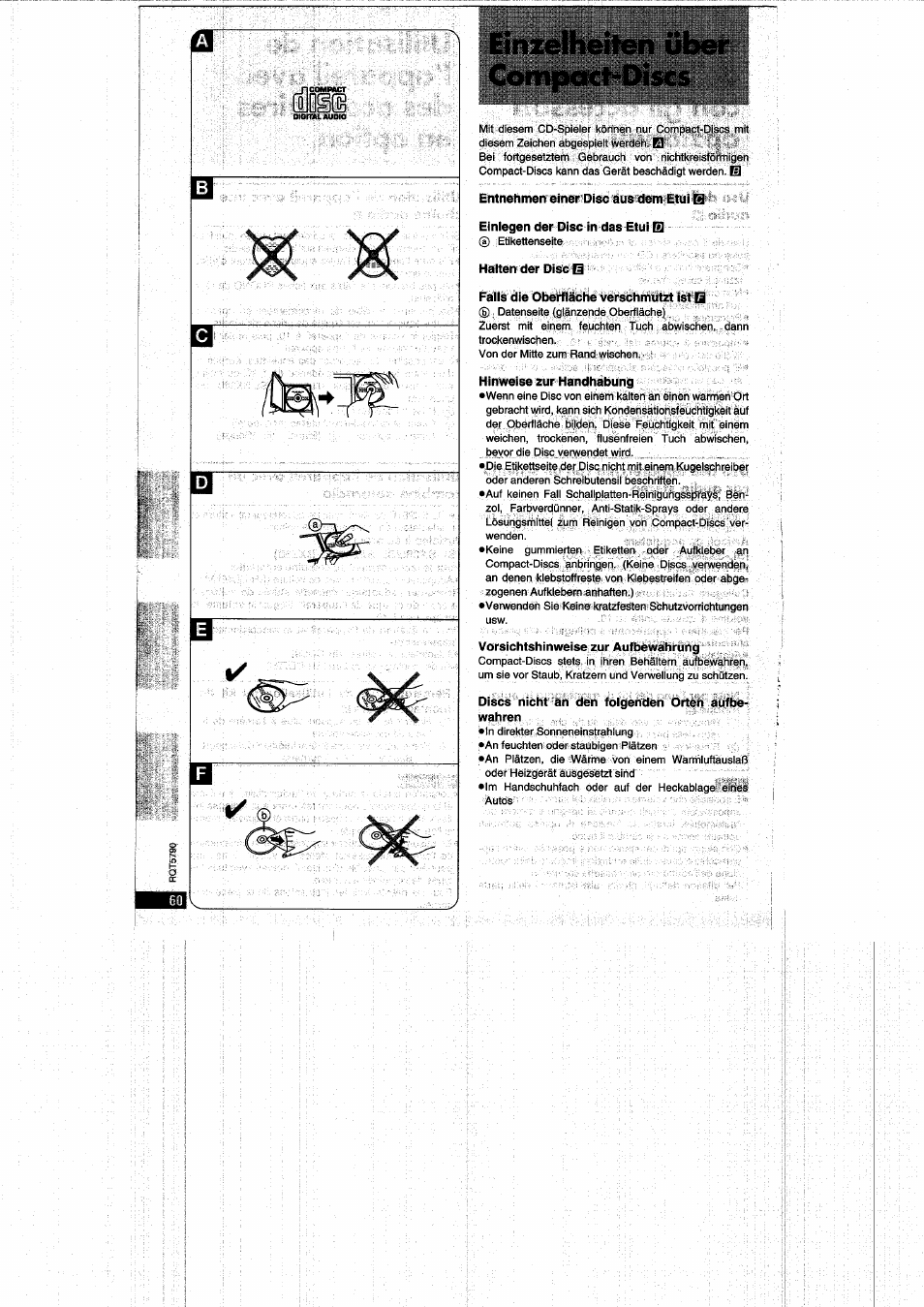 Entnehmen einer disc aus dem etui b, Einlegen der disc in das etui b), Halten der discfl | Falls die oberfläche verschmutzt ist q, Vorsichtshinweise zur aufbewahrung, Discs nicht an den folgenden orten aufbewahren, Einzelheiten compact-disb | Panasonic SLSX280 User Manual | Page 60 / 72