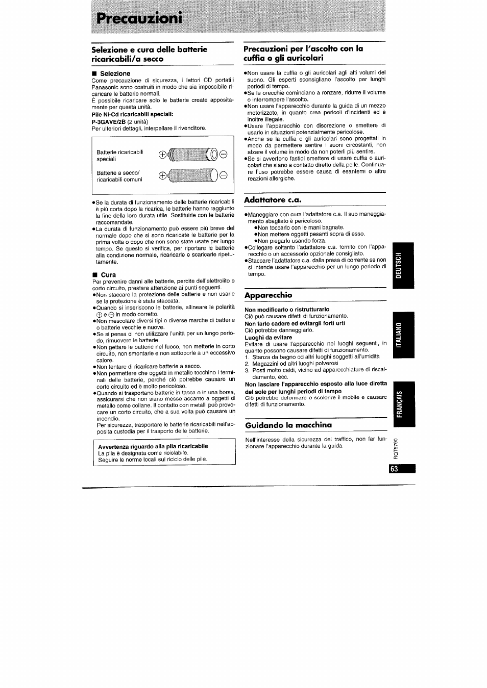 Selezione, Cura, Adattatore c.a | Apparecchio, Guidando la macchina, Precauzioni | Panasonic SLSX280 User Manual | Page 63 / 72