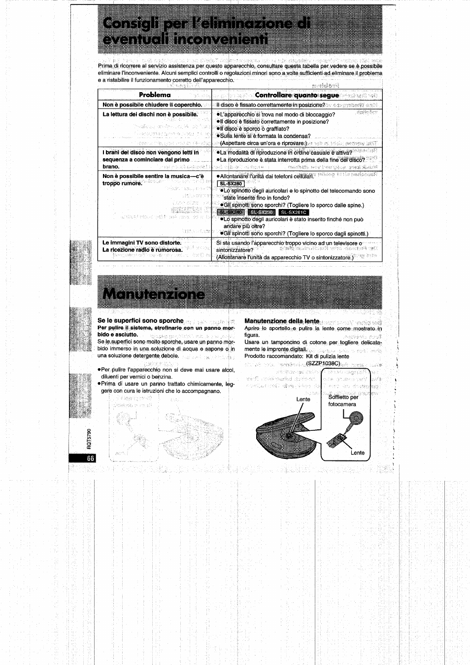 Manutenzione della lente, Manutenzione | Panasonic SLSX280 User Manual | Page 66 / 72