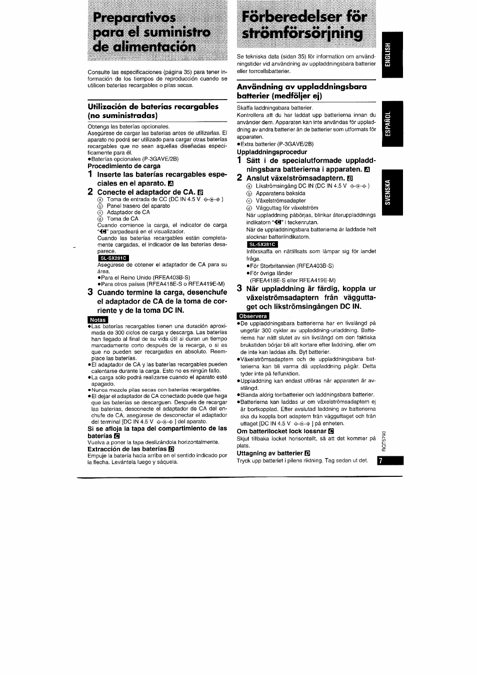 Preparativos para el suministro de alimentación, Förberedelser för strömförsörjnmg | Panasonic SLSX280 User Manual | Page 7 / 72