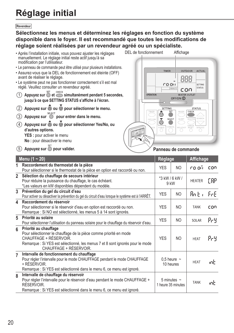 Réglage initial | Panasonic WHUH12FE5 User Manual | Page 20 / 100