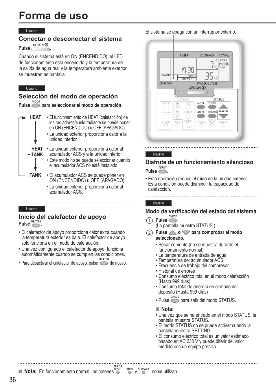 Forma de uso | Panasonic WHUH12FE5 User Manual | Page 36 / 100